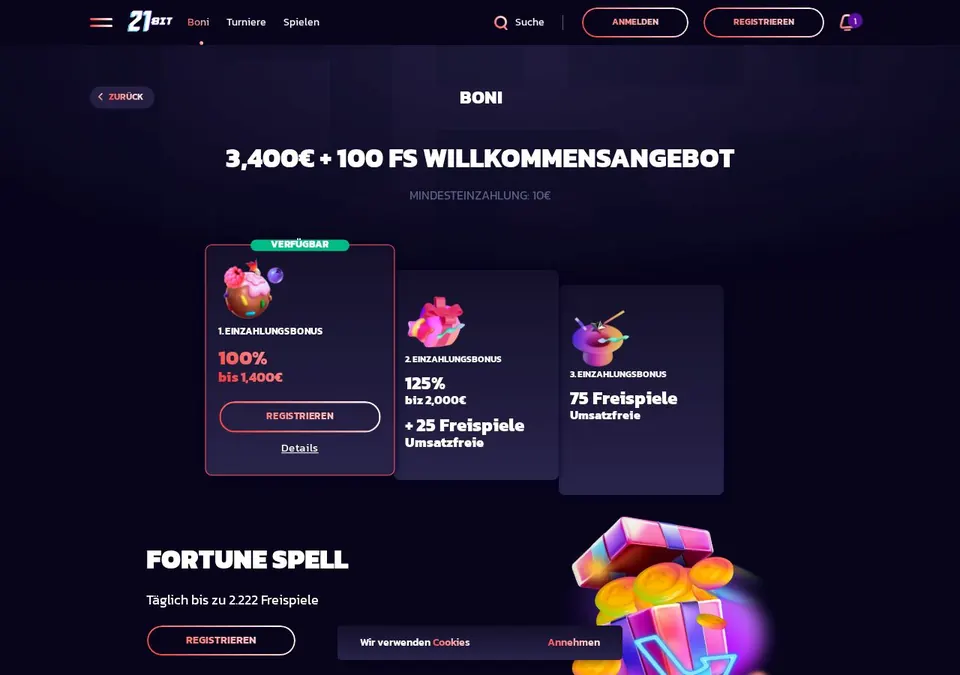 21Bit Casino: Bonusseite (Screenshot von www.21bit.com)