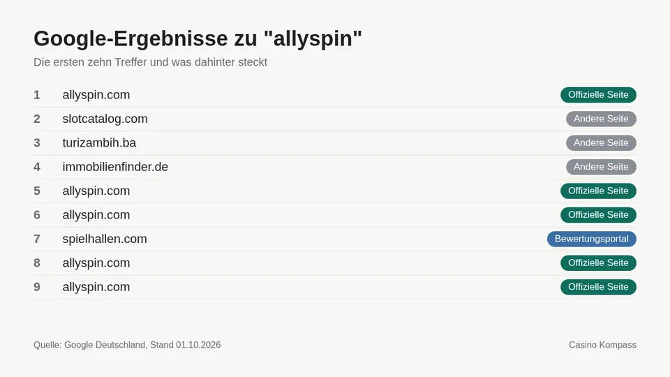 Google-Ergebnisse zu allyspin mit Einordnung der Websites
