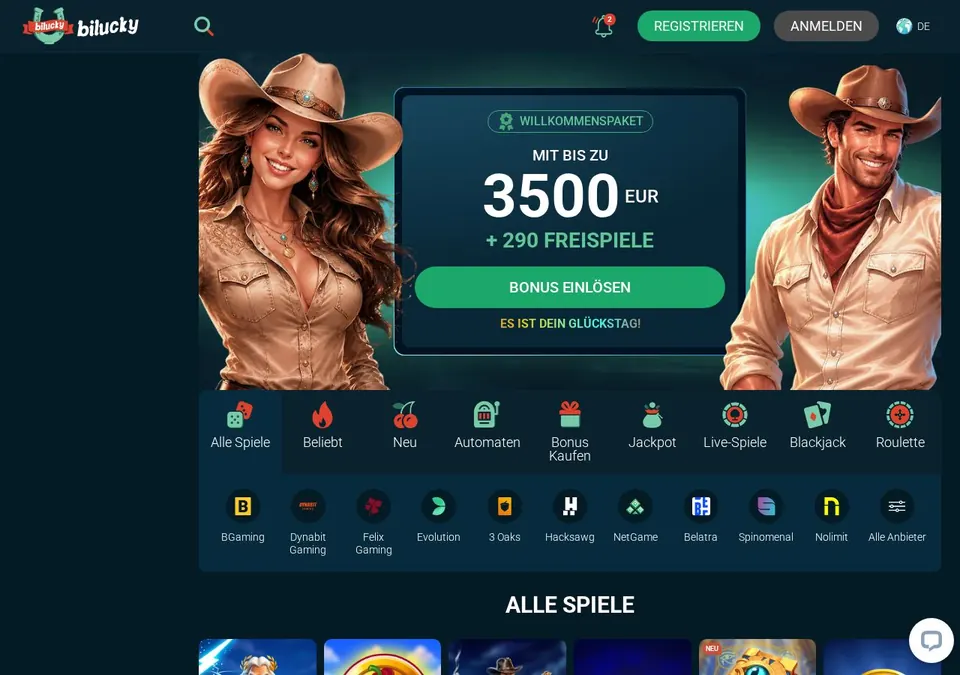 Bilucky: Spieleübersicht (Screenshot von www.bilucky.com)