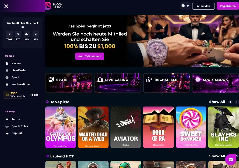 blockspins: Startseite (Screenshot von blockspins.com)