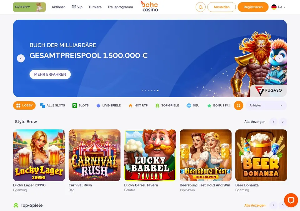 Boho Casino: Startseite (Screenshot von bohocasino.com)