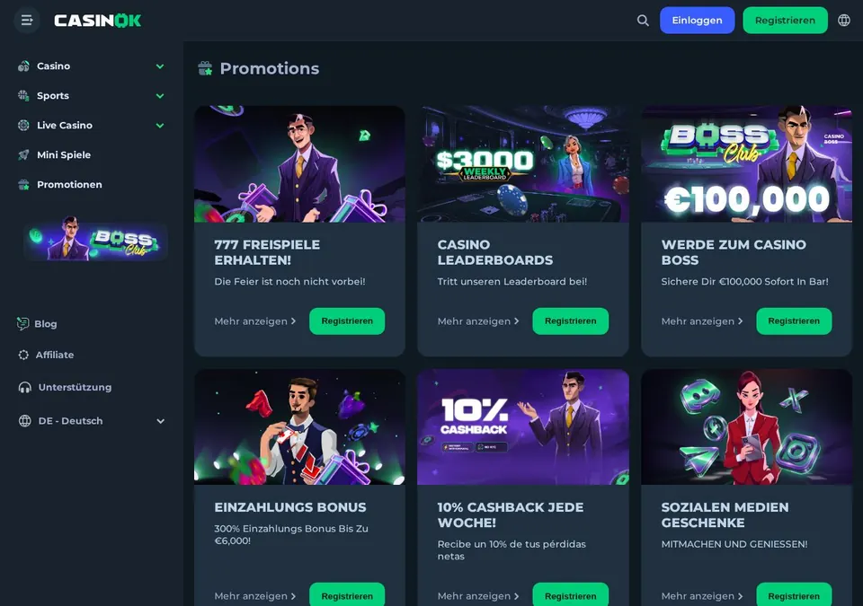 CasinOk: Bonusseite (Screenshot von casinok.com)