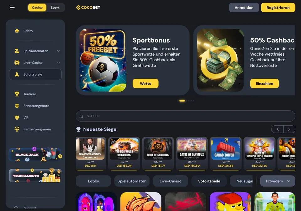 Cocobet: Spieleübersicht (Screenshot von cocobet.com)
