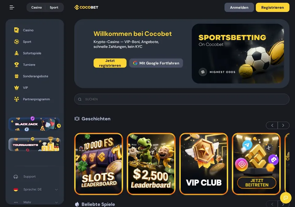 Cocobet: Startseite (Screenshot von cocobet.com)