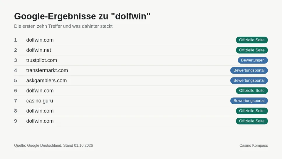 Google-Ergebnisse zu dolfwin mit Einordnung der Websites