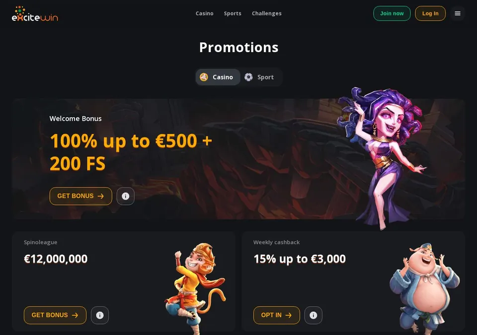 Excitewin Casino: Bonusseite (Screenshot von excitewin.com)