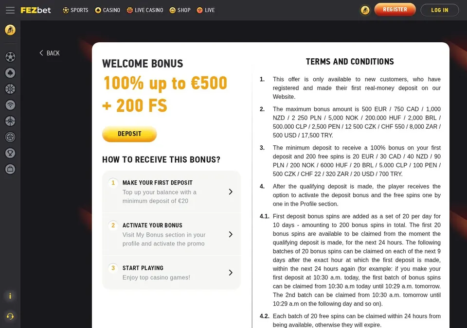 fezbet: Bonusseite (Screenshot von fezbet.com)