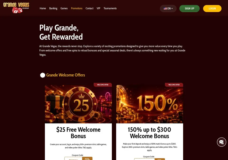 Grande Vegas casino: Bonusseite (Screenshot von www.grandevegascasino.com)