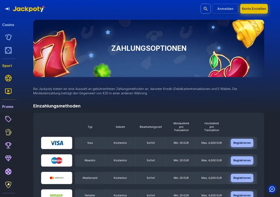 Jackpoty casino: Kassenseite mit Zahlungsmethoden (Screenshot von www.jackpoty.com)