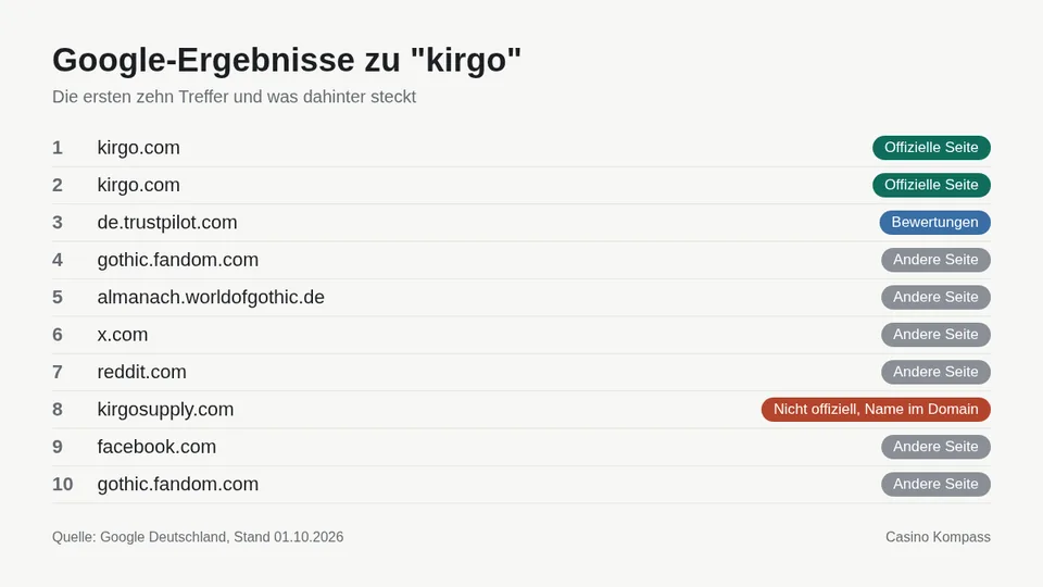 Google-Ergebnisse zu kirgo mit Einordnung der Websites
