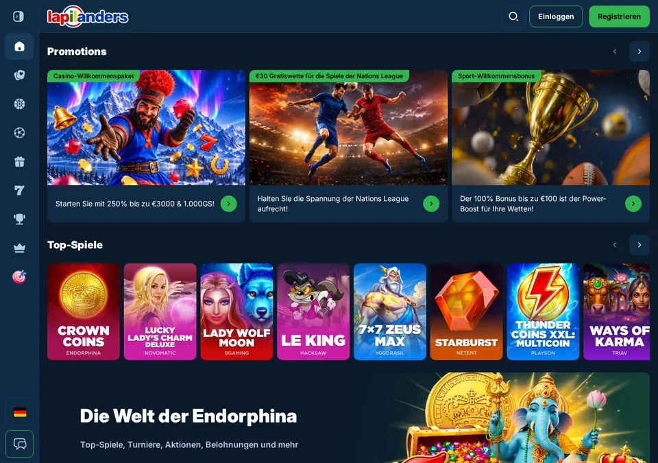 Lapilanders Casino: Startseite (Screenshot von lapilanders.com)