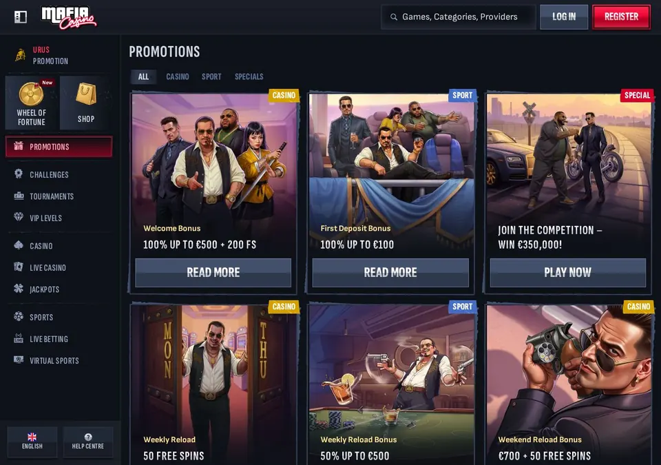 Mafia casino: Bonusseite (Screenshot von mafiacasino.com)