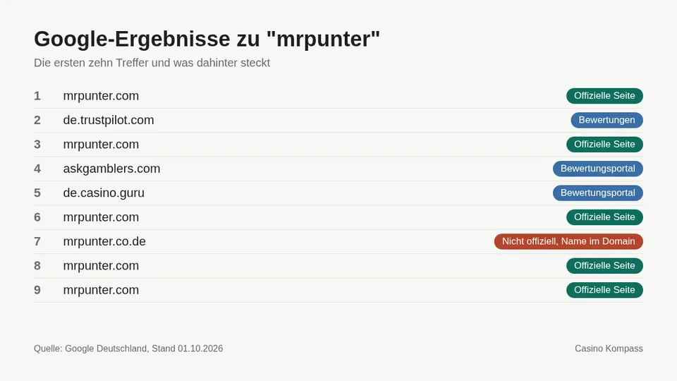 Google-Ergebnisse zu mrpunter mit Einordnung der Websites