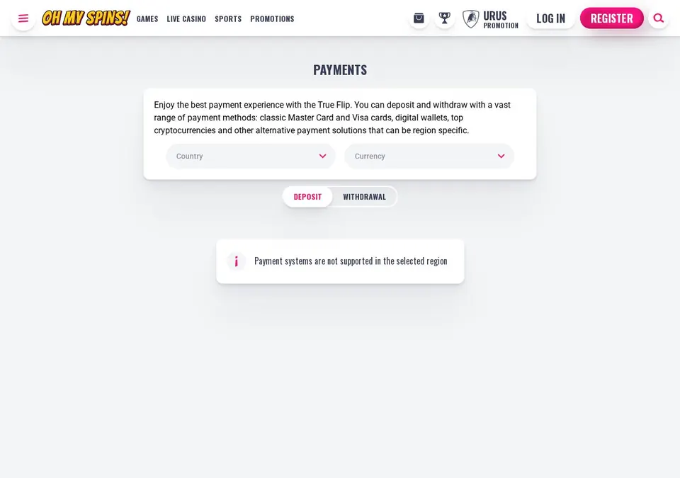 Oh My Spins: Kassenseite mit Zahlungsmethoden (Screenshot von ohmyspins.com)