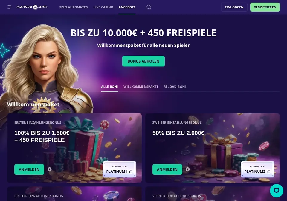 Platinumslots: Bonusseite (Screenshot von www.platinumslots.com)