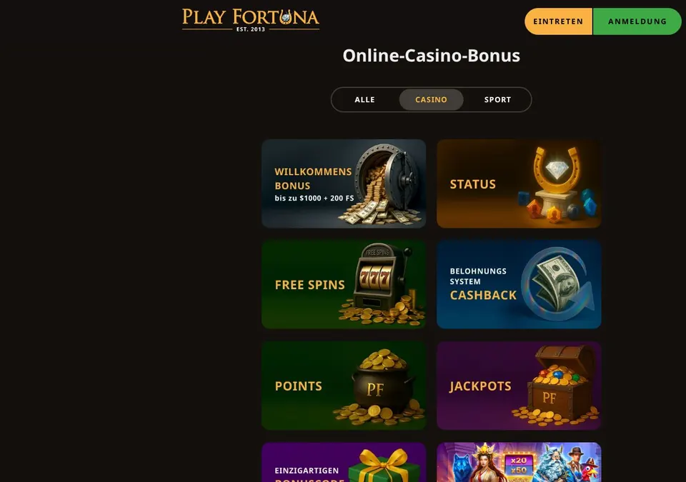 Play Fortuna: Bonusseite (Screenshot von playfortuna.com)