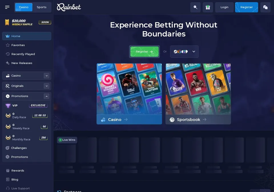 Rainbet: Startseite (Screenshot von rainbet.com)