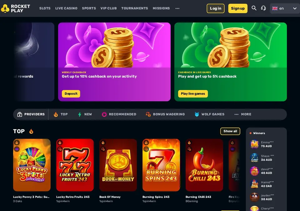 Rocketplay: Startseite (Screenshot von rocketplay.com)