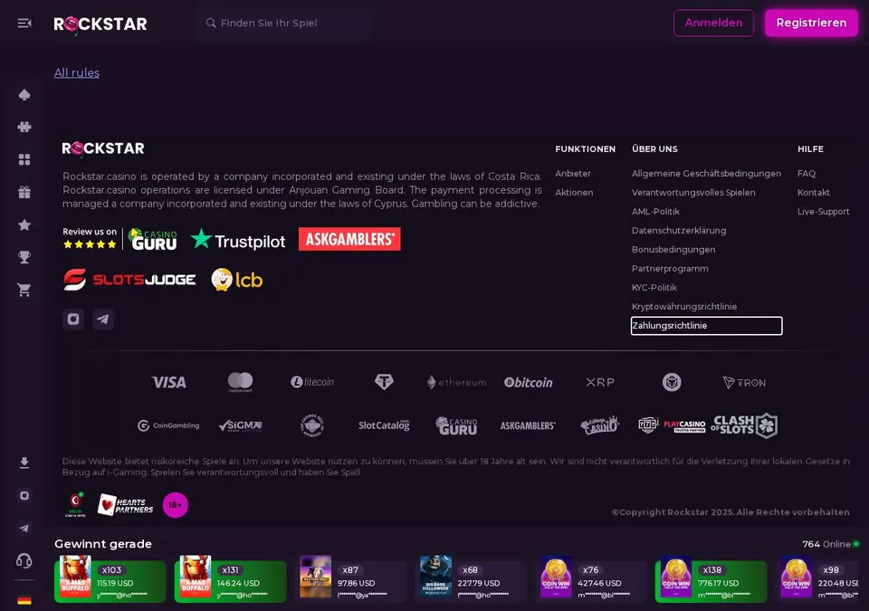 Rockstar Casino: Kassenseite mit Zahlungsmethoden (Screenshot von rockstar.casino)