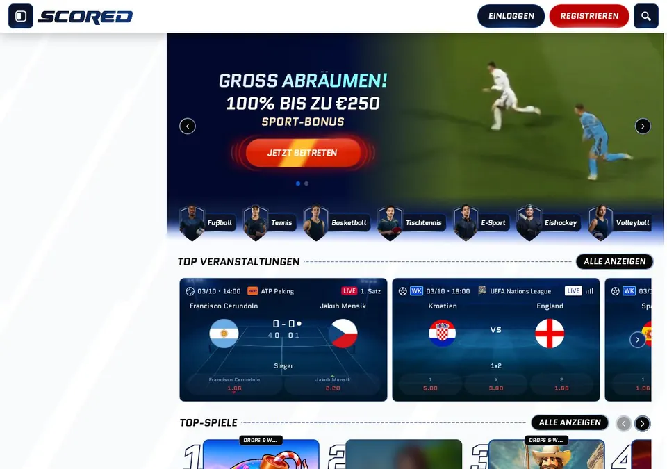 Scored Casino: Startseite (Screenshot von www.scored.com)
