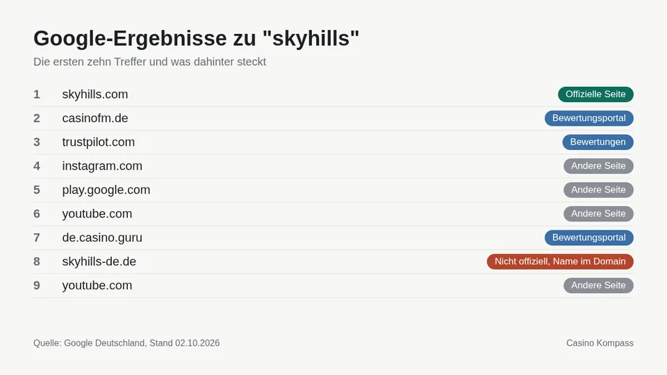 Google-Ergebnisse zu skyhills mit Einordnung der Websites