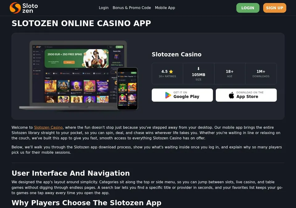Slotozen Casino: App-Seite (Screenshot von slotozen.com)