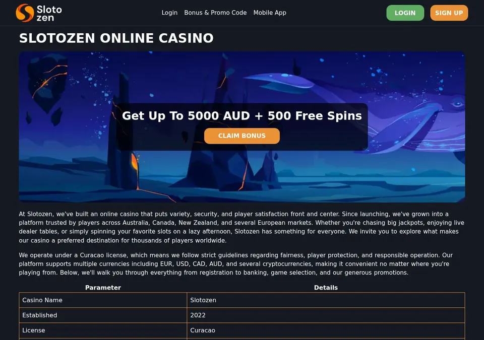 Slotozen Casino: Startseite (Screenshot von slotozen.com)