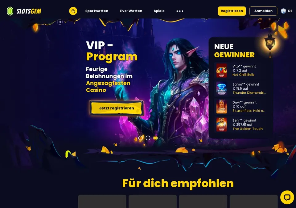 SlotsGem: Startseite (Screenshot von slotsgem.com)