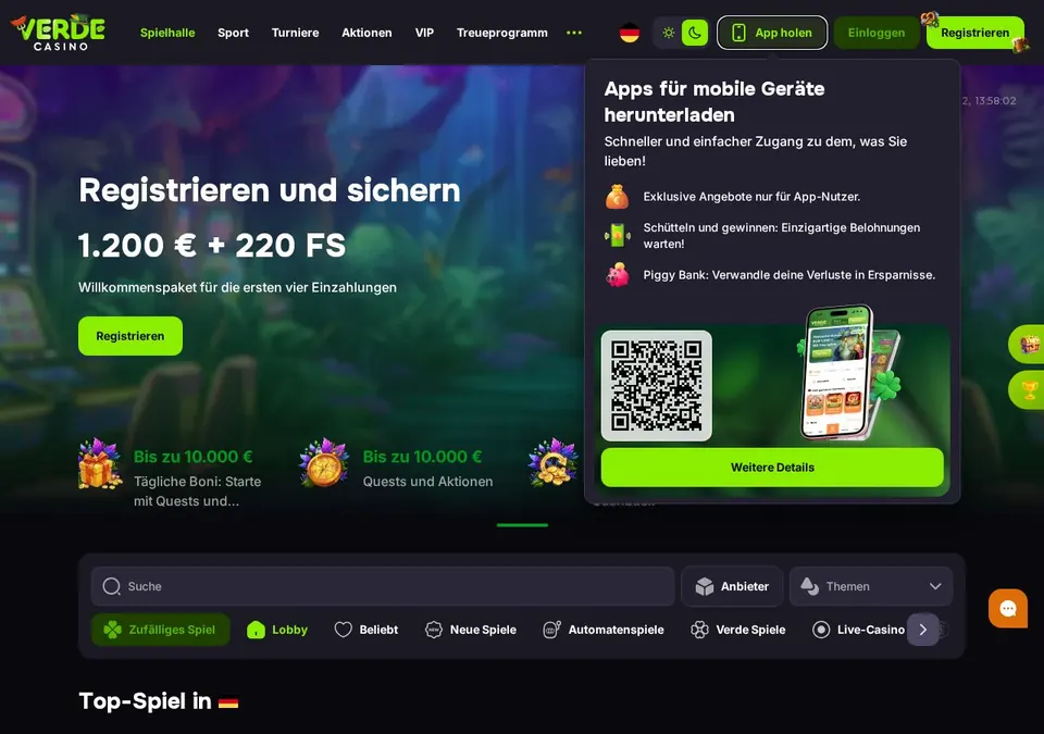 verde casino: App-Seite (Screenshot von verdecasino.com)