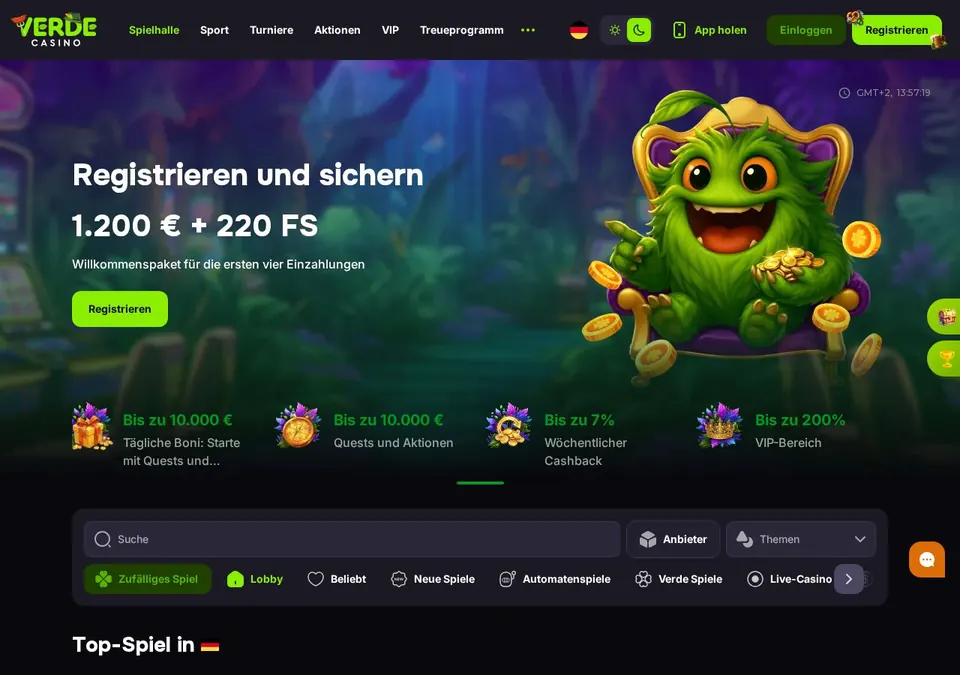 verde casino: Startseite (Screenshot von verdecasino.com)