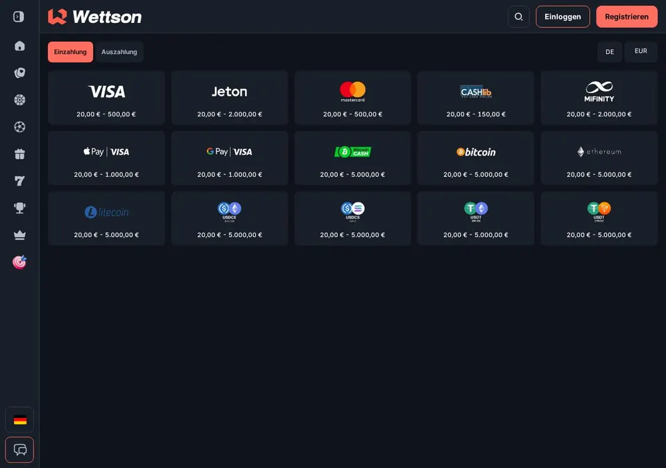 wettson: Kassenseite mit Zahlungsmethoden (Screenshot von wettson30.com)