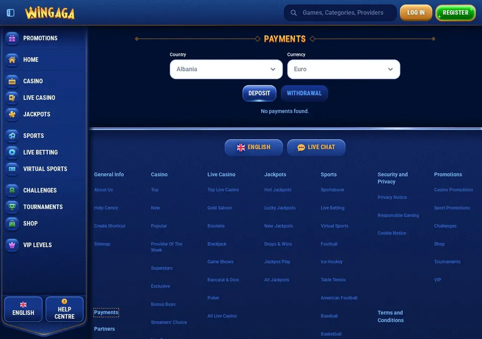 Wingaga: Kassenseite mit Zahlungsmethoden (Screenshot von wingaga.com)